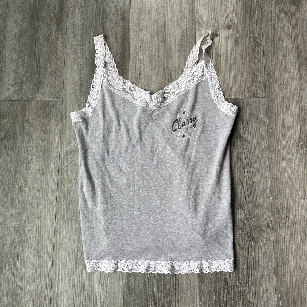 Harley-Davidson Classy Lace Trim Tank Top Gray Bergdale Albert Lea Small
